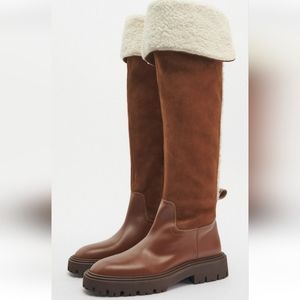 BNWT! Over-the-knee leather boot with fleece trim